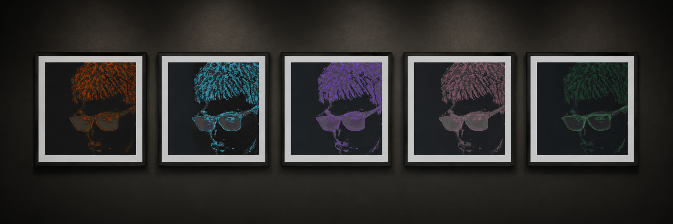 The AFTERIMAGE series — five residual states of a single figure, framed on a dark wall