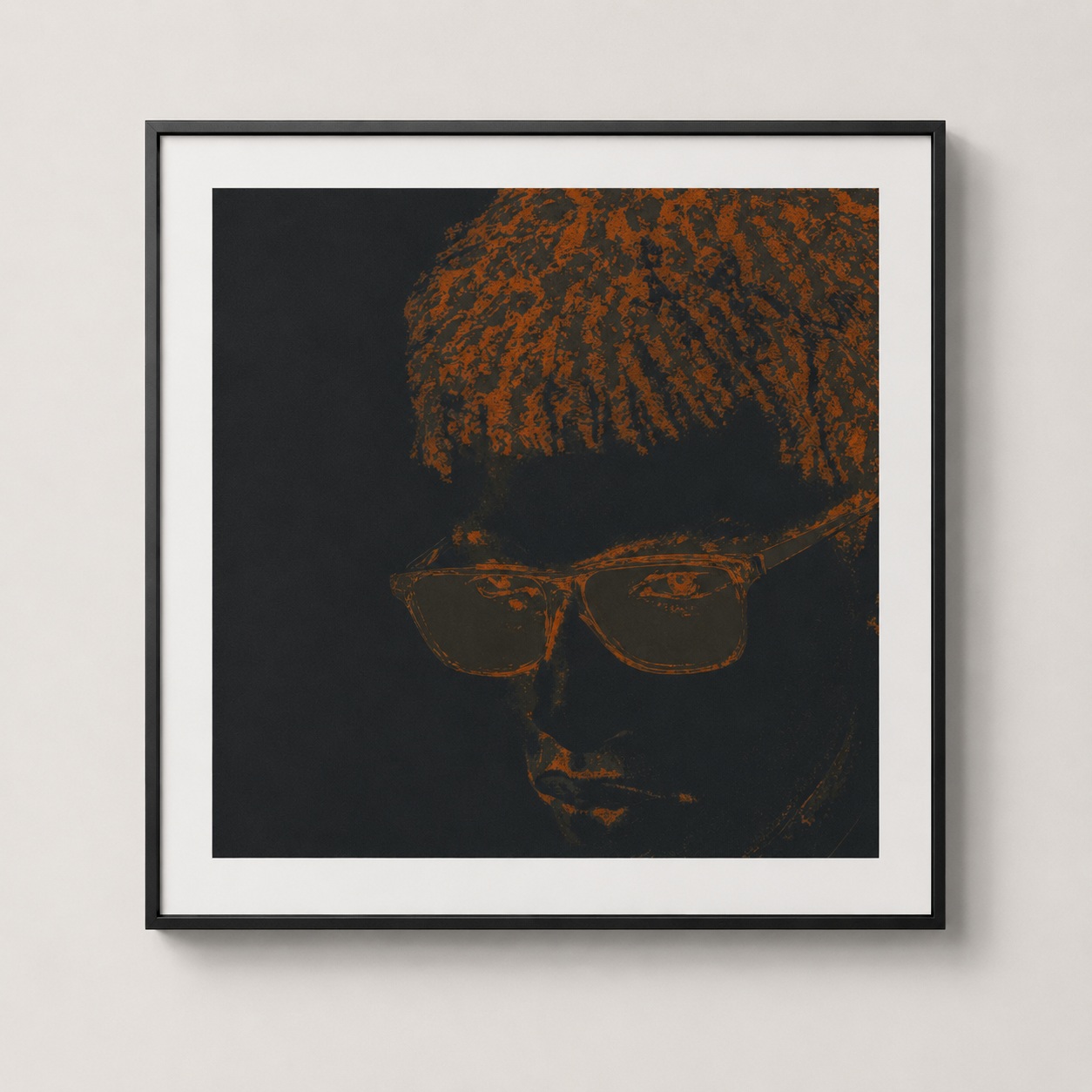 A dark near-black square portrait of a figure wearing glasses, emerging in burnt-orange ember residue with eroding edges and sharp glasses against a graphite field.