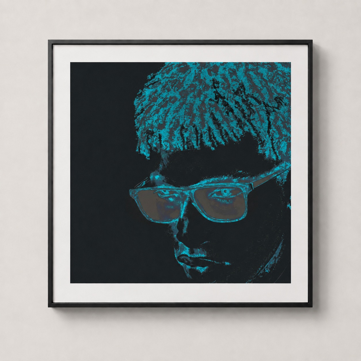 A dark square portrait of a figure wearing glasses rendered in cyan phosphor residue, with sharp frames, fogged lenses, and a faint warm umber tone inside the fog.