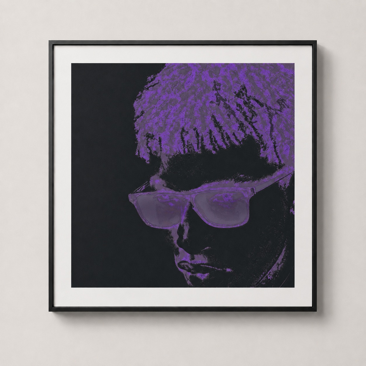 A dark square portrait of a figure wearing glasses rendered in ash-violet residue, with the face drifting slightly out of register and a faint olive-green ghost while the frames hold still.