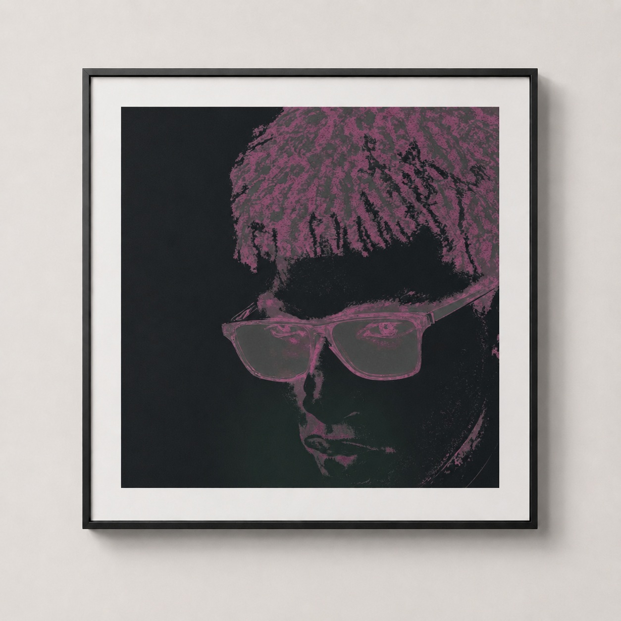 A dark square portrait of a figure wearing glasses rendered in muted rose-magenta residue, with the lower face dissolving into darkness and a faint sage-green shimmer where the face fades.