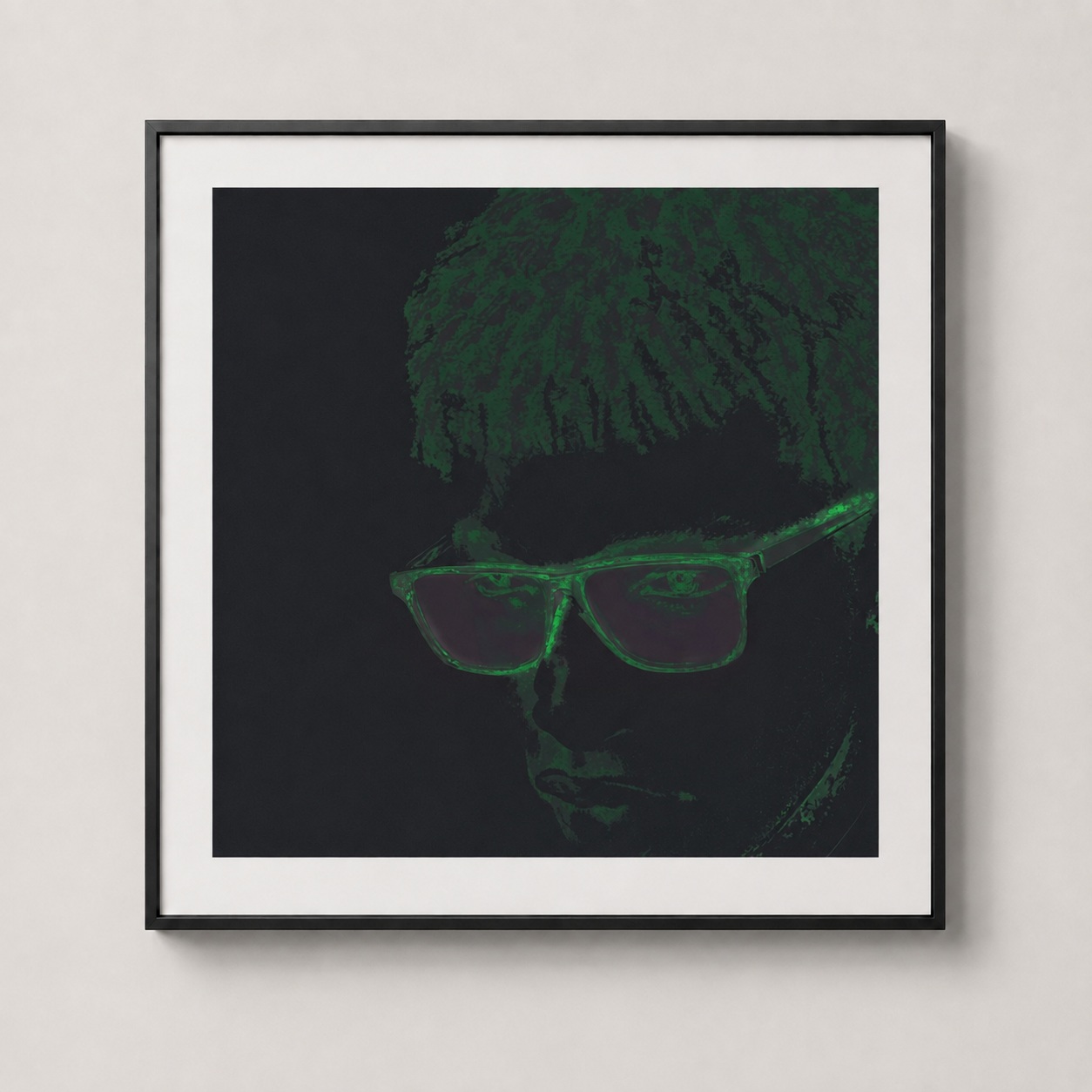 A very dark near-black square portrait in oxidized green residue, with the face nearly vanished and only the glasses frames faintly holding their shape.
