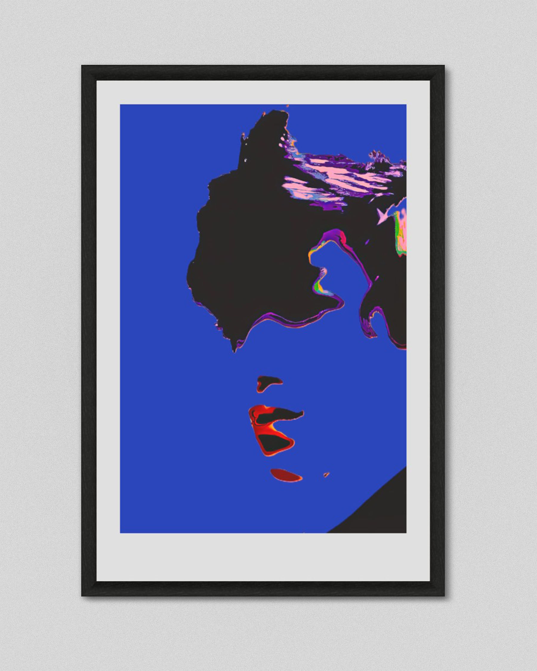 A constructed portrait fragmented across a deep ultramarine field, contained within substantial white margins. Identity withdraws under chromatic pressure without rupture.