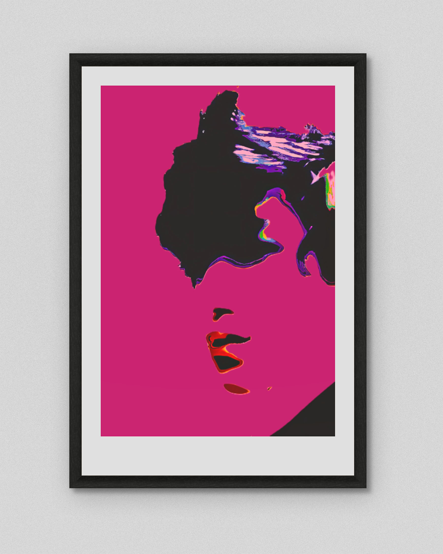 A constructed portrait fragmented across a charged magenta field, contained within substantial white margins. The figure absorbs concentrated psychological pressure without collapse.
