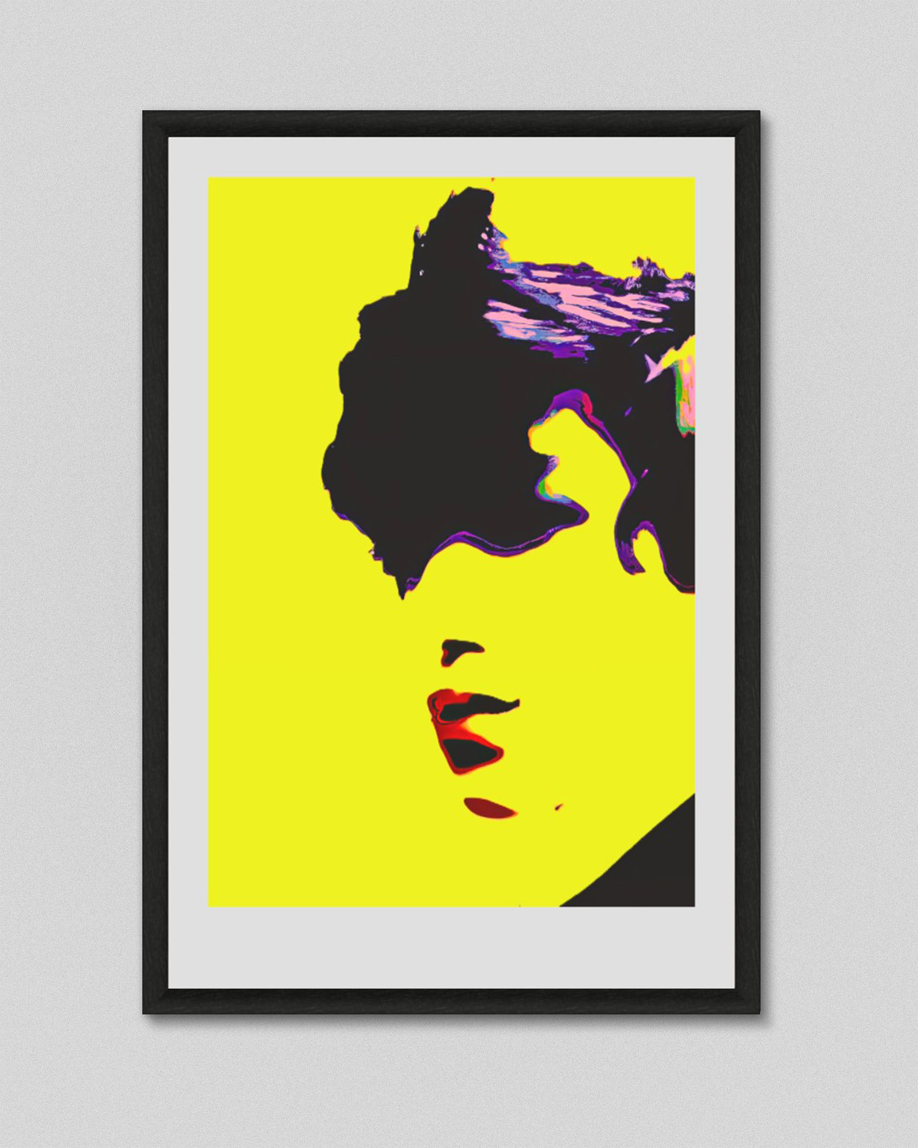 A constructed portrait fragmented across a high-luminance acid yellow field, contained within substantial white margins. Identity suspended at the point of confrontation.