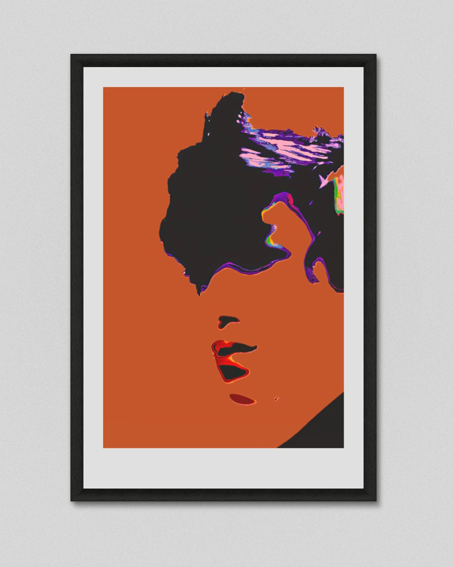 A constructed portrait fragmented across a saturated burnt orange field, contained within substantial white margins. Identity meets warmth and confrontation in equal measure.