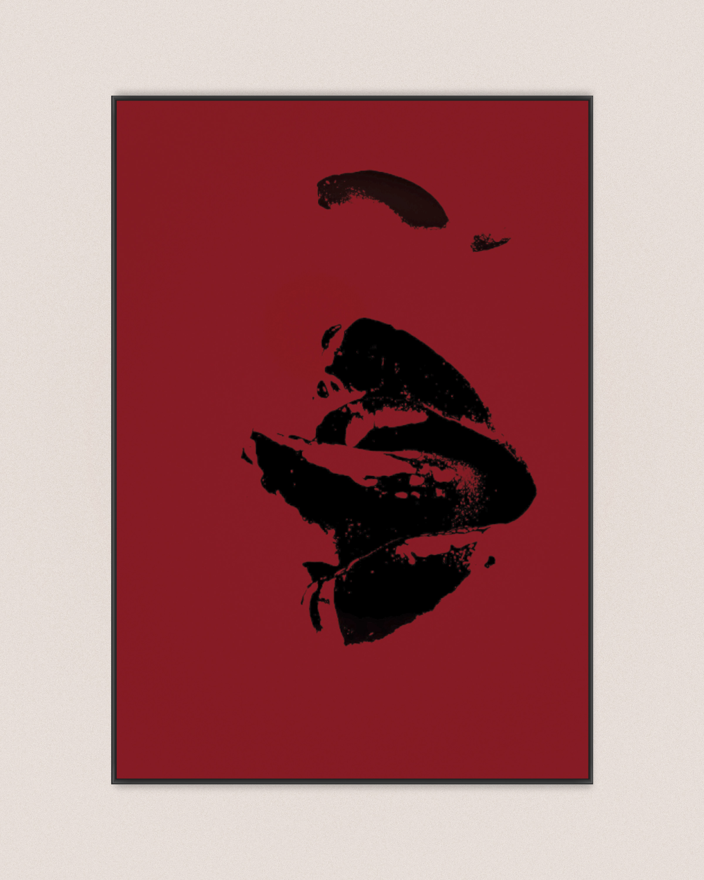 Fragmented near-black lips and facial traces on a deep crimson field, centered in a minimal vertical composition with a subtle sense of erosion and instability.