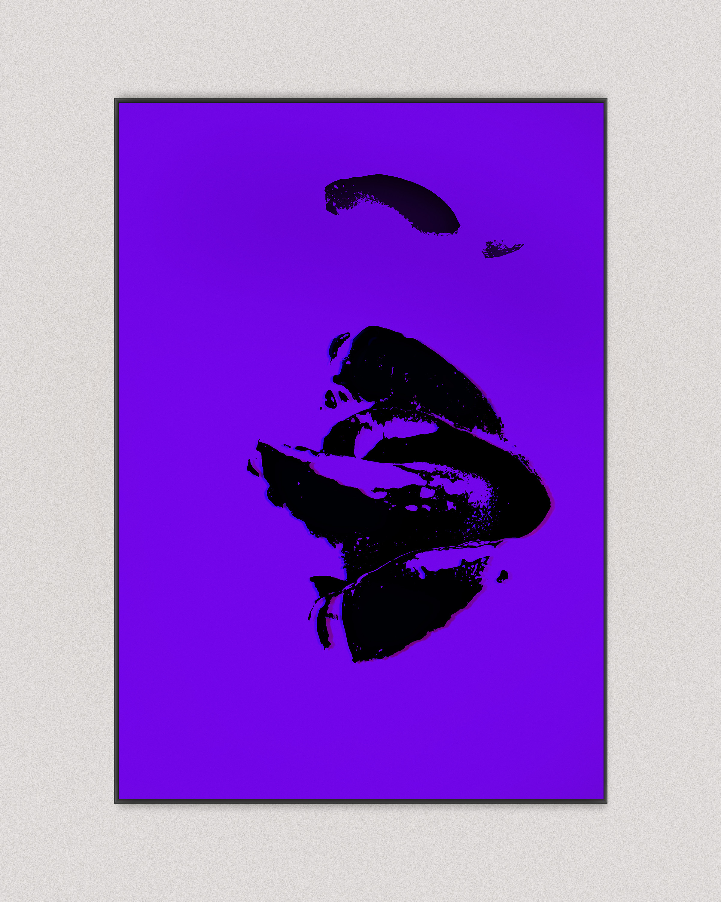 Near-black fragmented lips and facial traces suspended against a vivid electric-violet field, with subtle chromatic vibration and a charged synthetic atmosphere.