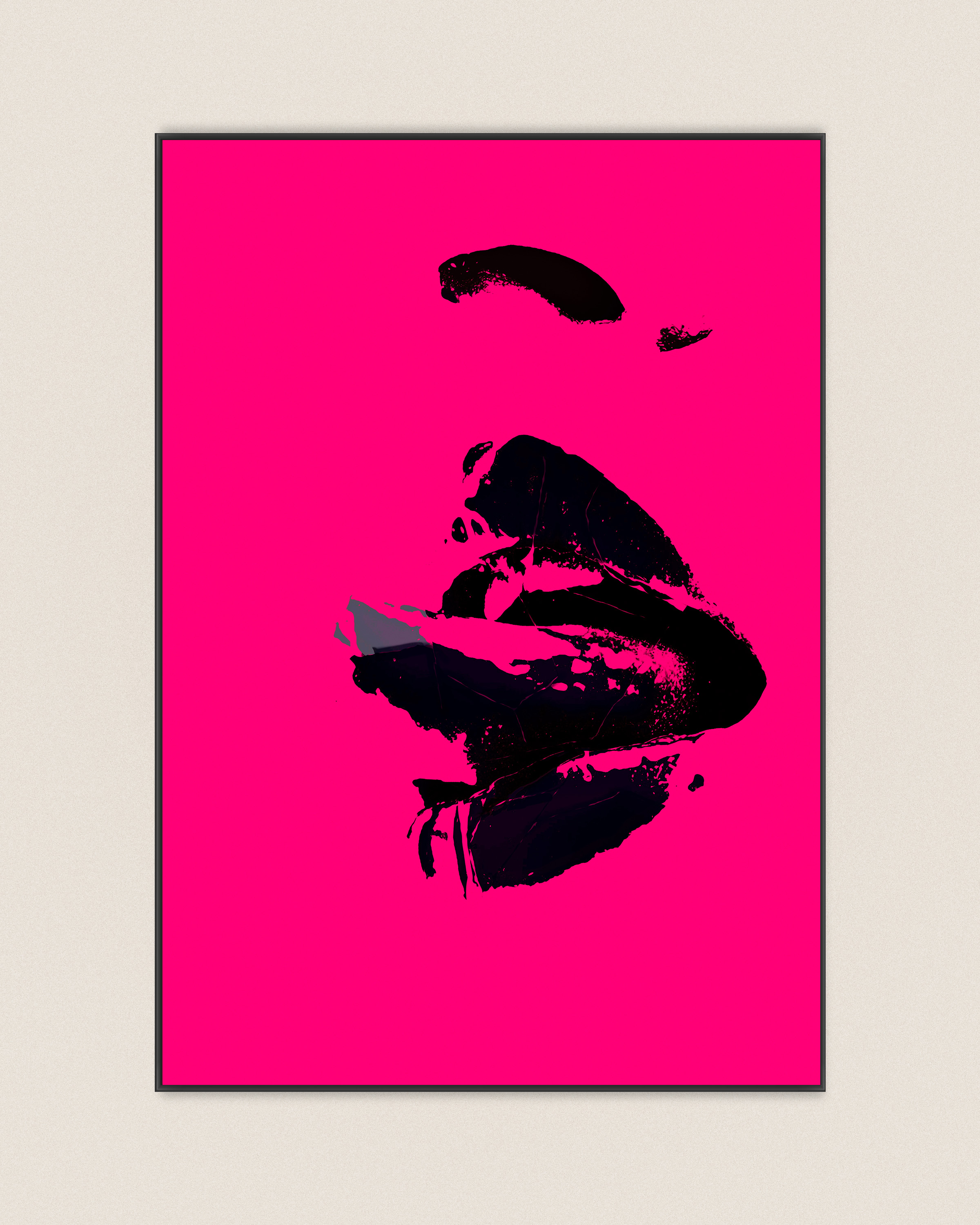 Dark fragmented lips and facial traces on an intense toxic-magenta field, with subtle internal breaks and a pressured, overstimulated feel.