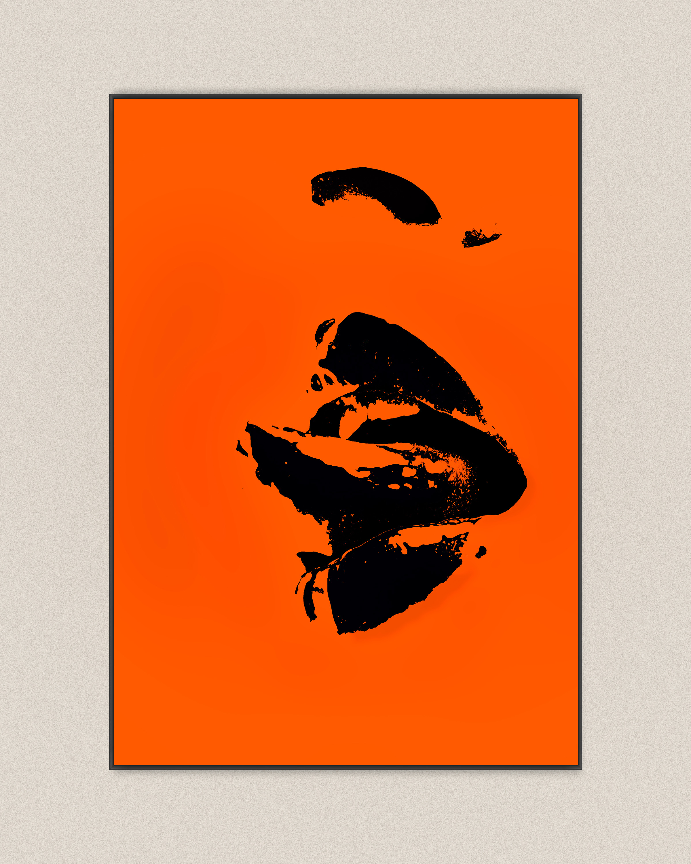 Near-black fragmented lips and facial traces on a saturated amber-orange field, with a faint echoing instability and a heated artificial atmosphere.
