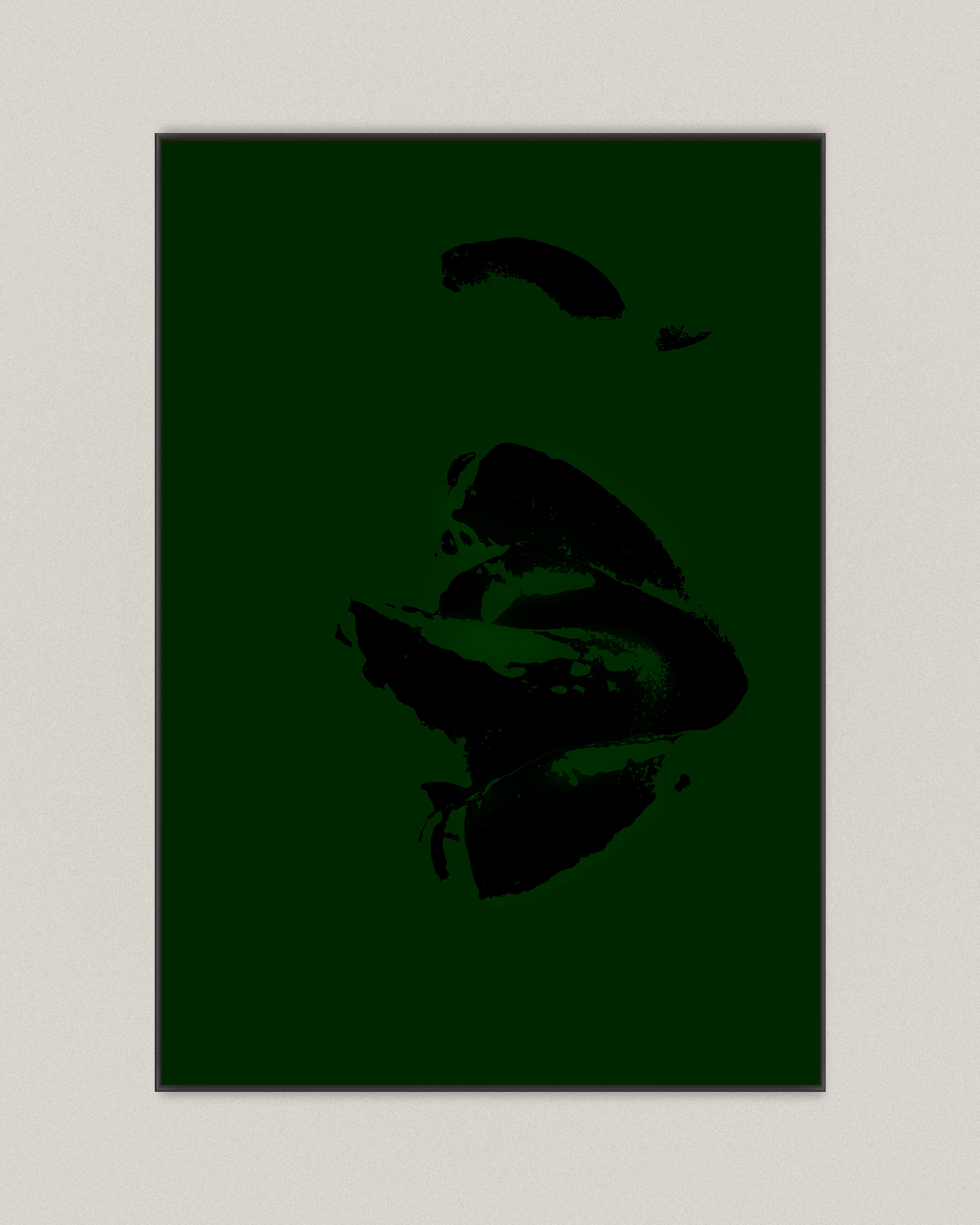 Dark fragmented lips and facial traces on a deep acid-green field, with a subdued toxic atmosphere and a sense of collapse into discomfort.